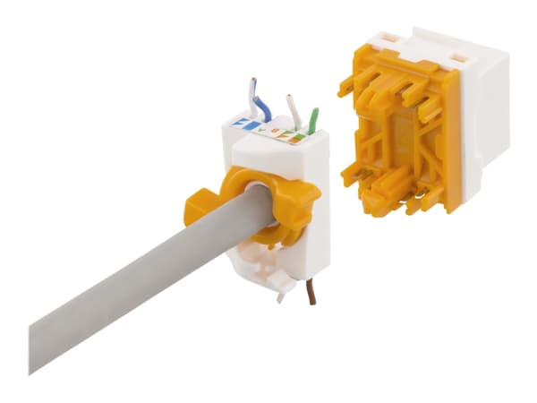 Deltaco MD-123, Cat6A Keystone jack, Oranssi, Valkoinen, Cat6a, 26/23, Kulta, 17 mm
