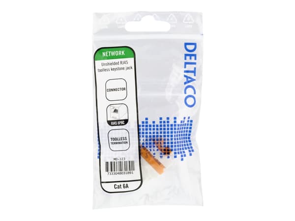 Deltaco MD-123, Cat6A Keystone jack, Oranssi, Valkoinen, Cat6a, 26/23, Kulta, 17 mm