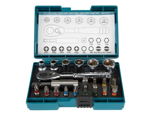 Makita - Ruuvimeisseli- ja räikkäsarja - 21 kpl - torx, phillips, pozidriv, hex - 5 mm, 6 mm, 8 mm, 10 mm, 12 mm, 13 mm - pituus: 25 mm
