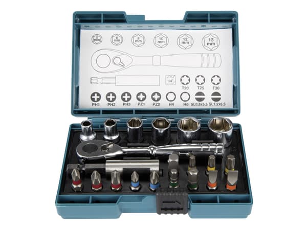 Makita - Ruuvimeisseli- ja räikkäsarja - 21 kpl - torx, phillips, pozidriv, hex - 5 mm, 6 mm, 8 mm, 10 mm, 12 mm, 13 mm - pituus: 25 mm