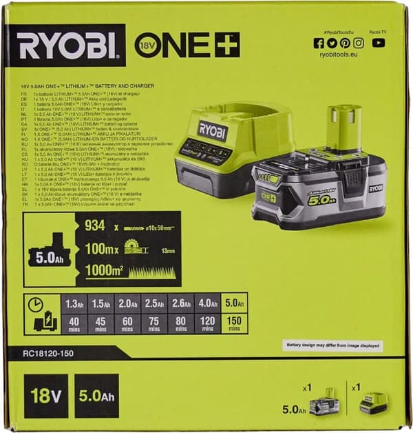 Ryobi ONE+ RC18120-150 - Akkulaturi + akku - Li-Ion - 5 Ah - 1 x akkulaturi - One+ LCDI18022, OCS1830, OLP1832, R18, RCD18, RCD1802, RHT1851R20, RLT1