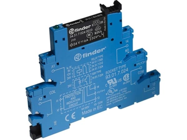 FINDER Rele kapea 6,2 mm täydellinen pistorasia ja rele, 1CO, 6A (AgNi), 12V DC kelan jännite. AgNi-koskettimien sarja. DIN-kiskoon asennettavaksi.