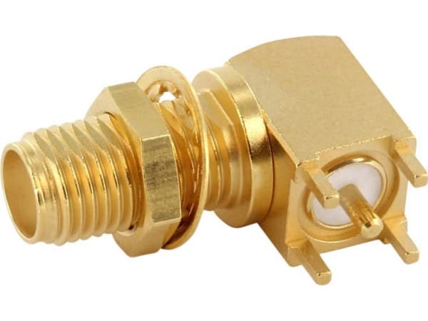Telegärtner SMA vinklet installasjonsuttak for trykte kretser i press-fit teknologi, Z25/Z36, 18 GHz, IP 68, gull (J01151A0821)