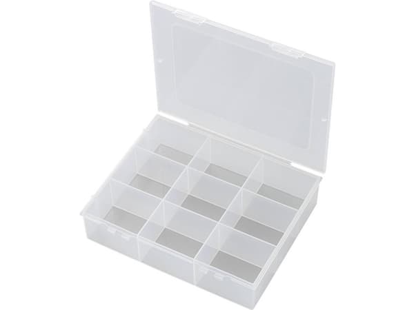 TRU COMPONENTS E-112-1 Sortimentskasse (L x B x K) 190 x 145 x 42 mm Antal fag: 9 Fast underopdeling 1 stk