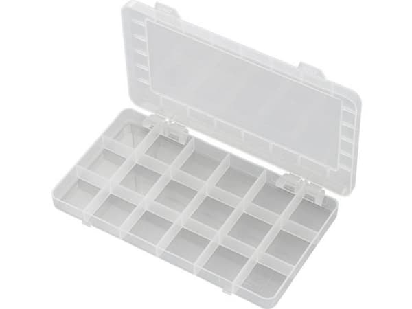 TRU COMPONENTS PP18-01 Sortimentskasse (L x B x H) 195 x 100 x 13 mm Antal fag: 18 Fast underopdeling Indhold 1 stk