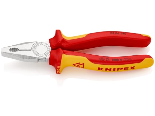Knipex KP-0306180, Kombinasjonstang, Beskyttelse mot elektrostatisk utladning (ESD), Kromvanadiumstål, Plast, Rød, Gult, 1000 V