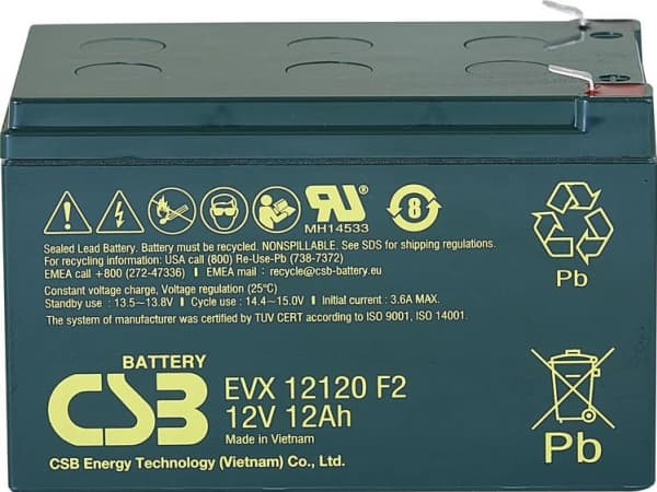 CSB Battery EVX 12120 Blybatteri 12 V 12 Ah Blyfleece (B x H x T) 151 x 100 x 98 mm Fladstik 6,35 mm Cyklusstabilt, Vedligeholdelsesfri, Lav selvafla
