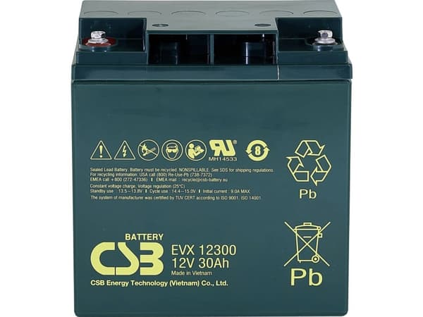 CSB Battery EVX 12300 Blybatteri 12 V 30 Ah Blyfleece (B x H x T) 166 x 175 x 125 mm M5 skruetilslutning Cyklusstabilt, Vedligeholdelsesfri, Lav selv