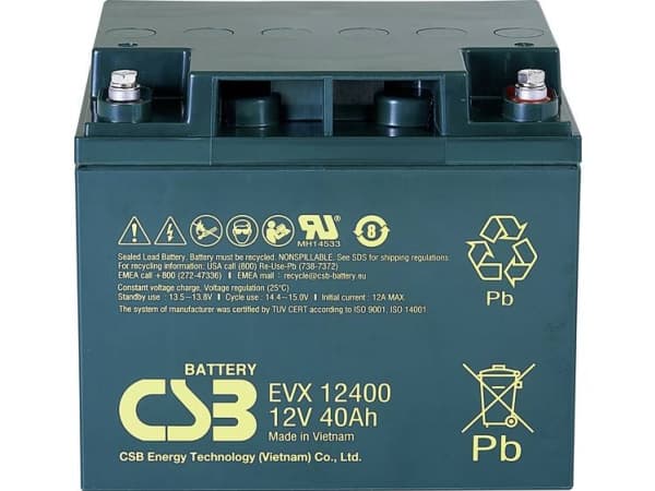 CSB Battery EVX 12400 Blybatteri 12 V 40 Ah Blyfleece (B x H x T) 197 x 170 x 165 mm M5 skruetilslutning Cyklusstabilt, Vedligeholdelsesfri, Lav selv