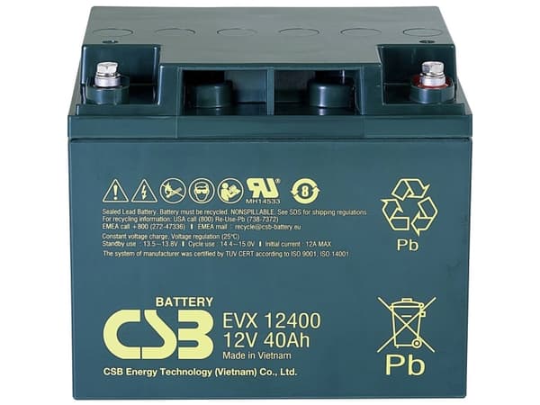 CSB Battery EVX 12400 Blybatteri 12 V 40 Ah Blyfleece (B x H x T) 197 x 170 x 165 mm M5 skruetilslutning Cyklusstabilt, Vedligeholdelsesfri, Lav selv