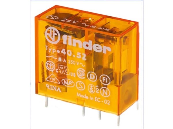 FINDER PCB relä 8A, 2CO, 230VAC spole. 5mm. benavstånd. kontaktmaterial. AgNi