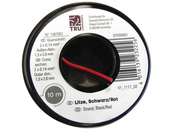 TRU COMPONENTS 1567051 Tråd 2 x 0,14 mm² svart, röd 10 m