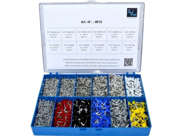 Vogt Verbindungstechnik 4015 Kabelsko-sortiment 0.5 mm², 6 mm² Delvist isoleret Sølv, Hvid, Grå, Rød, Sort, Blå , Gul 3650 stk
