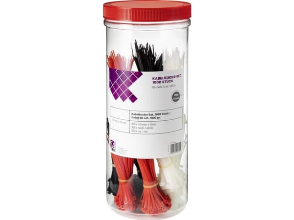 TRU COMPONENTS 1570089 Kabelbindersortiment 100 mm 2.50 mm Sort, Rød, Natur 1000 stk