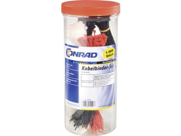 TRU COMPONENTS 1570089 Kabelbindersortiment 100 mm 2.50 mm Sort, Rød, Natur 1000 stk