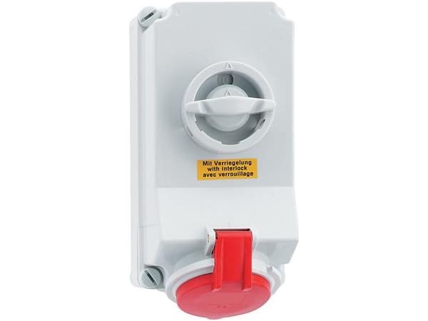 CEE-pistorasiaH6 400V 32A 5-napainen, punainenleveys x korkeus 118x225 mm, ylä- ja alapuoli 2xM25IP44, polyamidi.