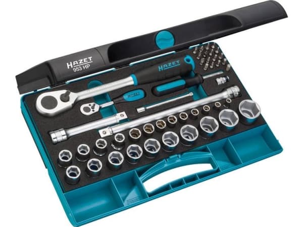 HAZET 953HP, Pipenøkkelsett, 47 stykker, Sort, Blå, Kromfarget, 1/2", 10,11,12,13,14,15,16,17,18,19,21,22,24,27 mm