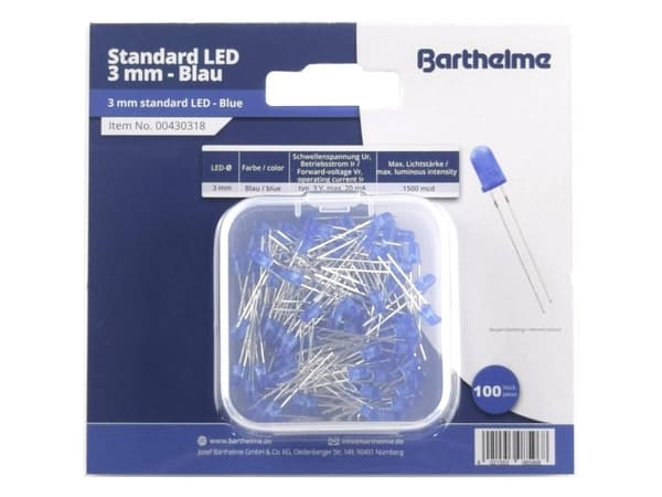 Barthelme LED-sortiment Blå Rund 3 mm 1500 mcd 30 ° 20 mA 3 V