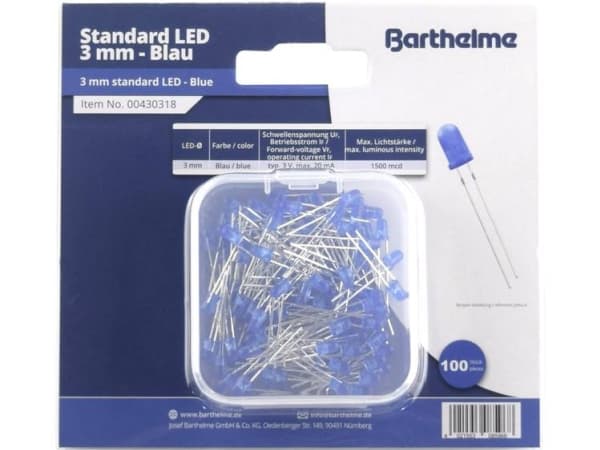 Barthelme LED-sortiment Blå Rund 3 mm 1500 mcd 30 ° 20 mA 3 V