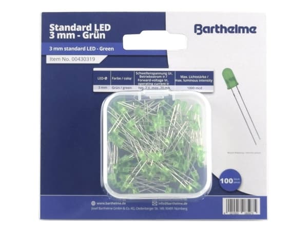 Barthelme LED-sortiment Grøn Rund 3 mm 100 mcd 30 ° 20 mA 2 V