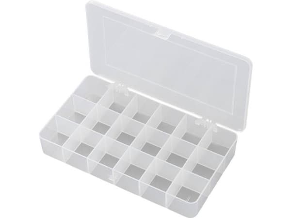 TRU COMPONENTS E-107 Sortimentskasse (L x B x H) 210 x 112 x 30 mm Antal fag: 18 Fast underopdeling Indhold 1 stk