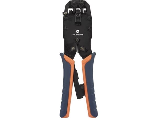 TOOLCRAFT TO-4988586 Krympetang Modulstik (westernstik) Inkl. kabelskærer, Inkl. afisoleringsværktøj RJ10, RJ11, RJ12, RJ45