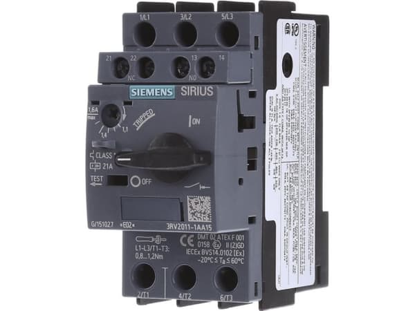 Siemens 3RV2011-1AA15 Katkaisija 1 kpl Asetusalue (virta): 1,1 - 1,6 A Kytkentäjännite (max.): 690 V/AC (L x K x S) 45 x 97 x 97 mm