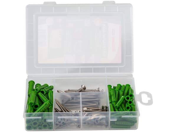 Fischer 531227, Skruv- och pluggset, Pvc, Tegel, Betong, Betong, Betong, Gipsblock, Nylon, Grön, Rostfritt stål, 80 st