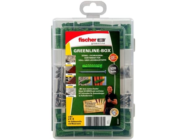 Fischer 531227, Skruv- och pluggset, Pvc, Tegel, Betong, Betong, Betong, Gipsblock, Nylon, Grön, Rostfritt stål, 80 st