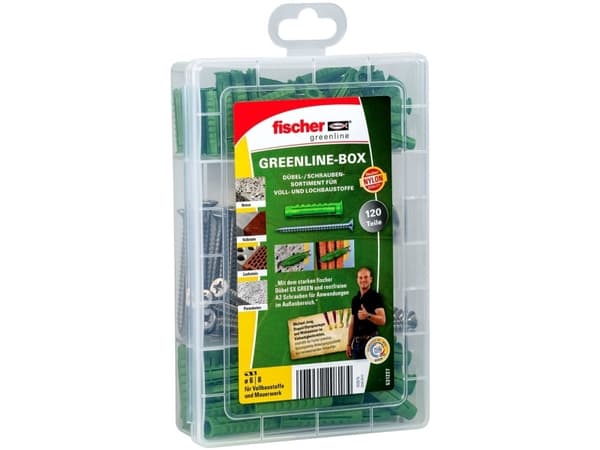 Fischer 531227, Skruv- och pluggset, Pvc, Tegel, Betong, Betong, Betong, Gipsblock, Nylon, Grön, Rostfritt stål, 80 st