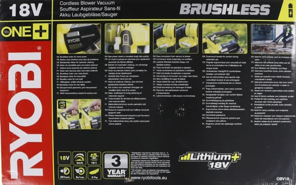 Ryobi OBV18, Käsipuhallin, 200 km/h, Musta, Keltainen, Puhallus/Imu, Sähkö, 97,4 dB - SOLO