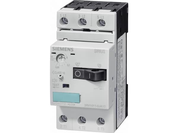 Siemens 3RV1011-1DA10 Katkaisija 1 kpl 3 x katkaisija Asetusalue (virta): 2,2 - 3,2 A Kytkentäjännite (max.): 690 V/AC (L x K x S) 45 x 90 x 81 mm