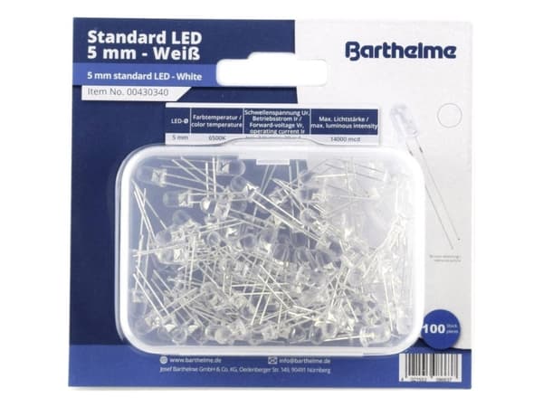 Barthelme LED-sortiment Cool white Rund 5 mm 14000 mcd 35 ° 20 mA 3 V