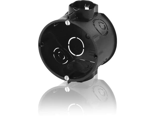 Inbyggd box Ø80 1modul 45 mm djup skruvavstånd 60 mm. Svart eurolåda. 20 och 25 mm rörgenomföring. Monteringsskruvar ingår. Halogenfri