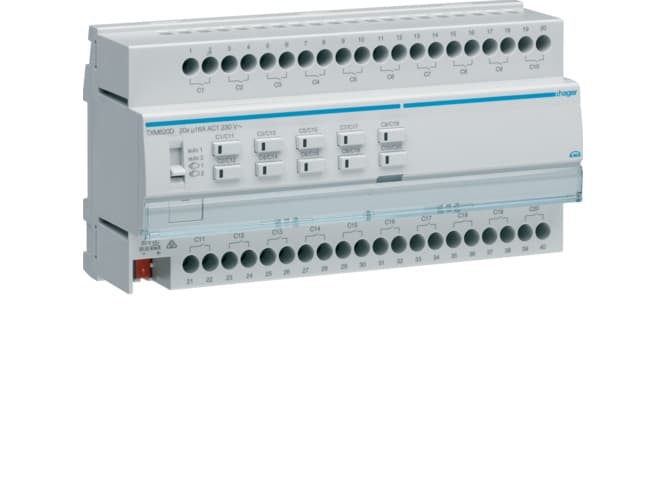 Hager TXM620D, Ställdon till persienn-/ fönsterluckstängare, DIN skenmonterad, 20 kanaler, Vit, 230 V, 50/60 hz