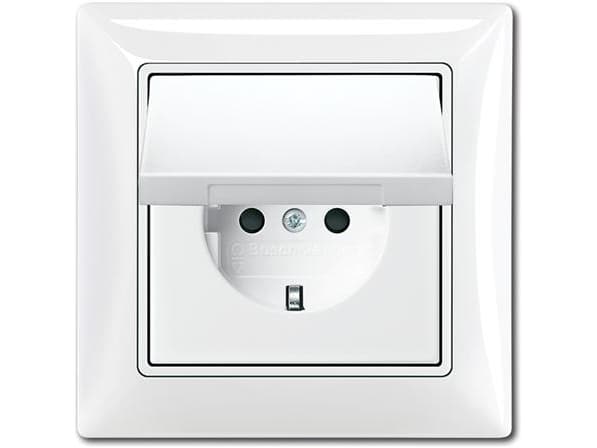 ABB-basic55 Schuko-uttag, IP44, vitglans, 16A, 1 modul, levereras komplett inkl. ram och lock med antipillskydd och gångjärnslock