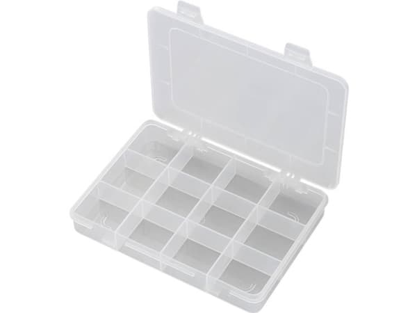 TRU COMPONENTS E-110 Sortimentskasse (L x B x H) 184 x 124 x 25 mm Antal fag: 12 Fast underopdeling Indhold 1 stk