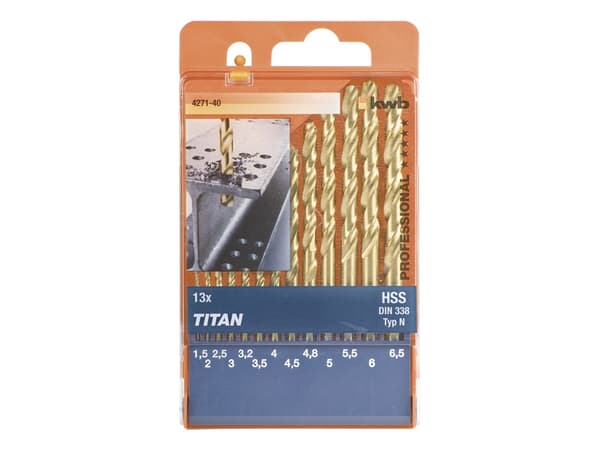 kwb 427140, Drill, Drill bit set, Høyrehåndsrotasjon, Strykejern, Plast, Profil, Blad metall, Rustfritt stål, 135°, Titanium-Coated High-Speed Steel