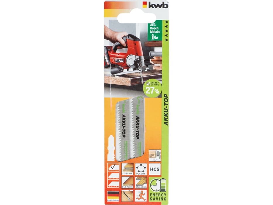 kwb 623420, Figursågblad, Hårt träslag, Laminat, Parkett, Plast, Mjuka träslag, Stål med hög kolhalt (HCS), Rostfritt stål, 9 cm, 1,9 mm