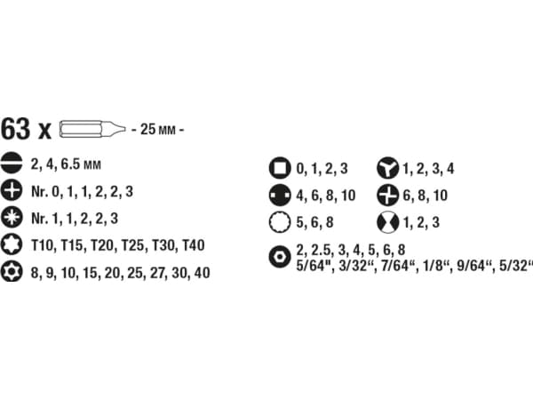 kwb 106800, 63 stykker, Philips, Pozidriv, Spor/slot, Torq-Set, Torx, Tri-Wing, 2, 4, 6.5 mm, 25 mm, 25,4 / 4 mm (1 / 4"), Sekskantet