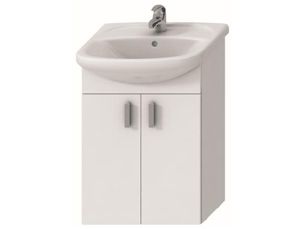 Csslr Plus hvid vaskeskab med to døre samt vask med hanehul & overløb i dimension 53x42 cm. Mål på møbel: H70,8 x B50,2 x D29,2 cm.