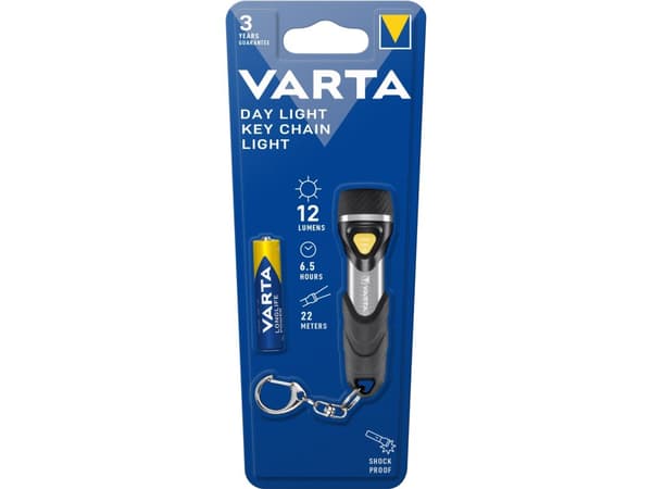 Varta Day Light Key Chain Light, Avaimenperätaskulamppu, Alumiini, Musta, ABS-synteettinen, Alumiini, Kumi, LED, 1 lamppua, 12 lm