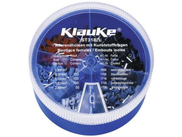Klauke ST31B Kabelsko-sortiment 0.5 mm², 0.75 mm², 1 mm², 1.5 mm², 2.5 mm² Delvist isoleret Hvid, Blå , Rød, Sort, Grå 400 Teile
