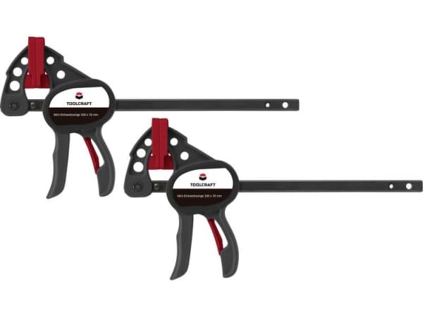 Mini-Einhandyzwinge 100x35 mm sæt med 2 stk. TOOLCRAFT 1669393 Spann-Weite (max.):100 mm Mål, længde: 191 mm Udhængsmål:35 mm