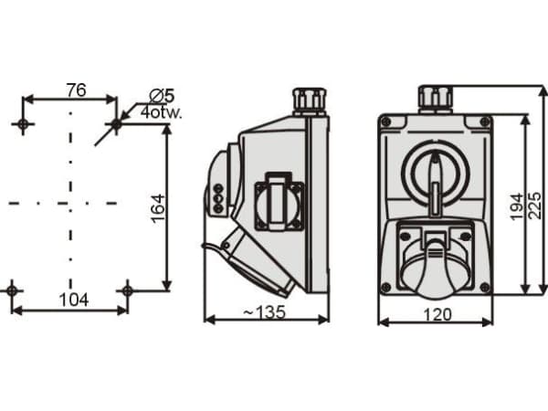 Asennussarja erottimella 32A 5P 400V, 1x16A 250V 2P+Z O-I C32-18.1N IP54 974012