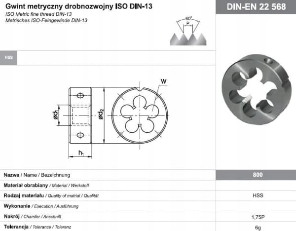 FANAR Die DIN-22568 M6x0.75 6g HSS 800 - N1-121001-0062 - N1-121001-0062