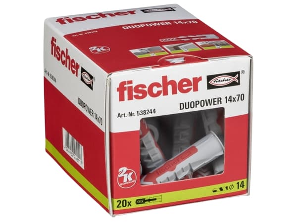 Fischer DuoPower, Väggplugg, Autoklaverad lättbetong, Tegel, Betong, Murverk, Gipsskivor, Nylon, Grå, Röd, 1,4 cm, 70 mm