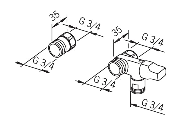 ORAS Avstängningsventil i krom för tvätt- eller diskmaskin. 3/4" anslutning och 3/4" + 3/4" utlopp.