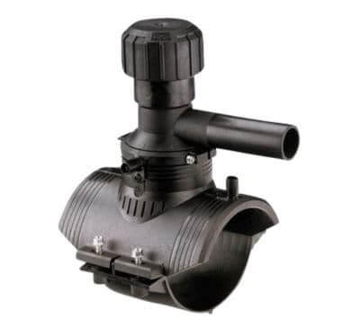 Kiinnike 63x63mm PN16 - sisäänrakennetulla poralla. 360° käännettävissä. PE100-SDR11 Elgef Plus