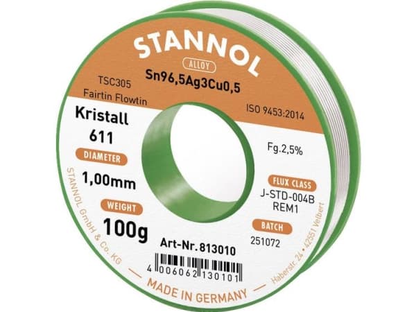 Stannol Kristall 611 Fairtin Loddetin, lyijytön Lyijytön Sn96,5Ag3Cu0,5 100 g 1 mm